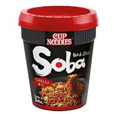 A black and red Nissin - Cup Noodles Soba Wok Style Chilli 100g container with chopsticks holding noodles and vegetables offers an instant meal that's ready in 3 minutes.